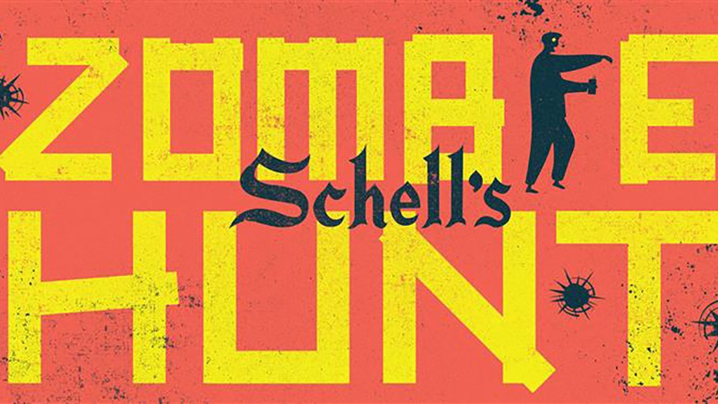 "SCHELL'S ZOMBIE HUNT" text with a zombie and bullet holes.