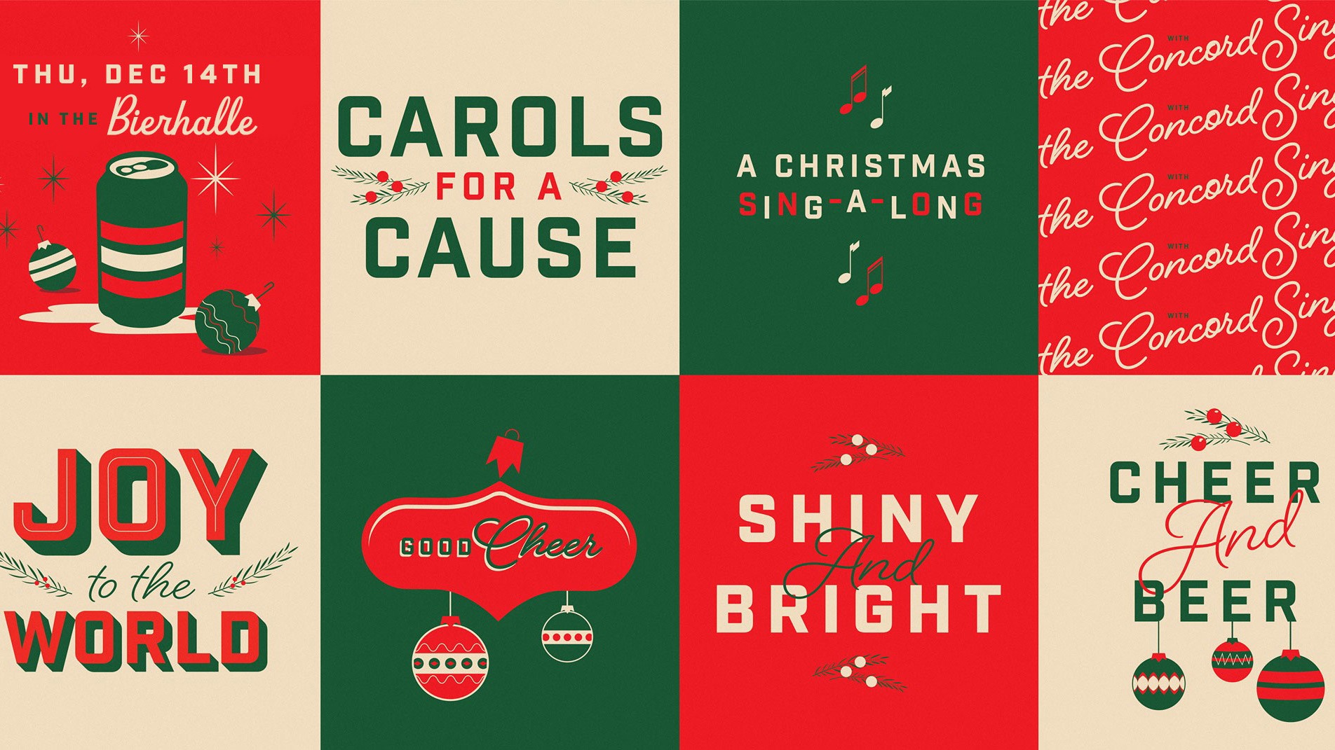 square pattern graphic for Schell's Carols for a Cause event. red, green and tan squares with Christmas decorations