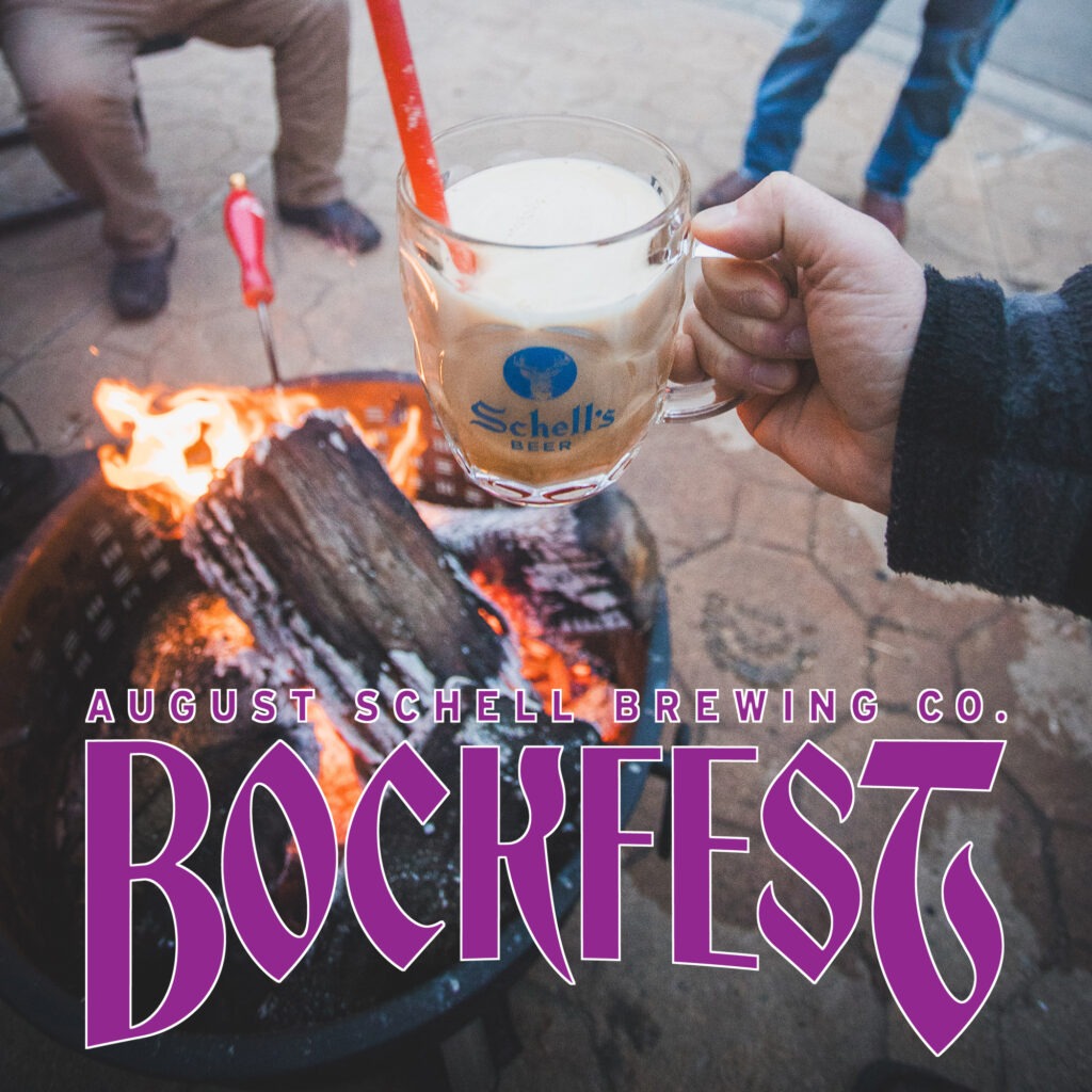 Person holding a Schell's beer stein over a bonfire. Another person is putting a hot metal rod into the beer to make the foam fill to the top of the stein. Text at the bottom of the image says "August Schell Brewing Co. Bockfest"