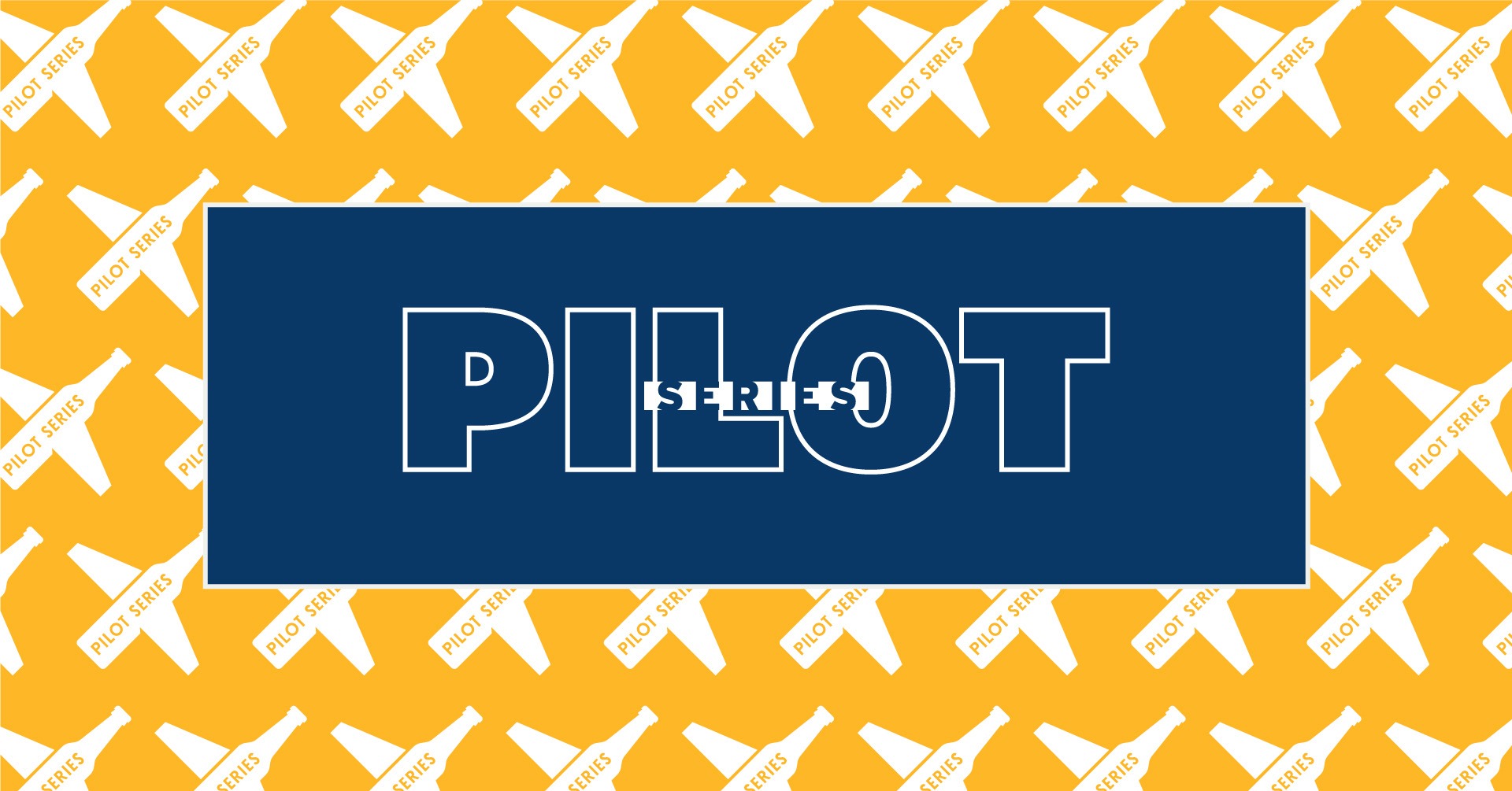 Navy rectangle with the words "PILOT SERIES" within it. The navy rectangle sits on top of a yellow rectangle with a pattern of beer bottles that look like airplanes.