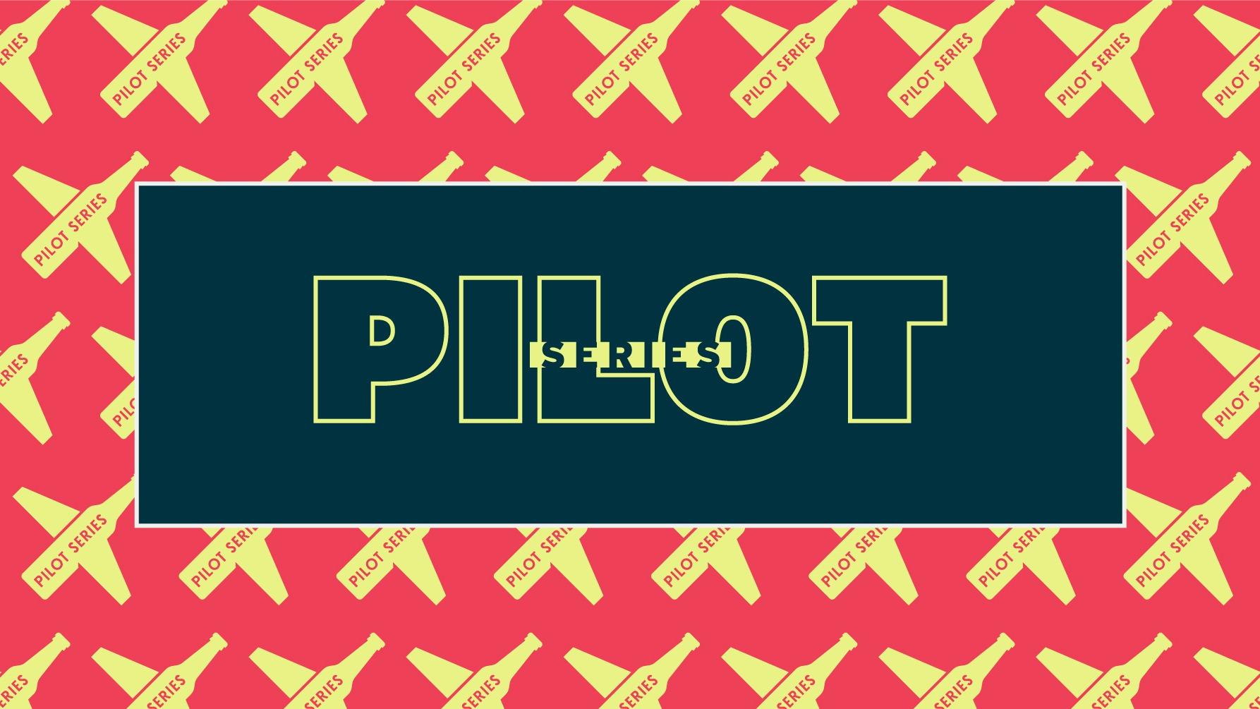Navy rectangle with the words "PILOT SERIES" within it. The navy rectangle sits on top of a red rectangle with a pattern of beer bottles that look like airplanes.