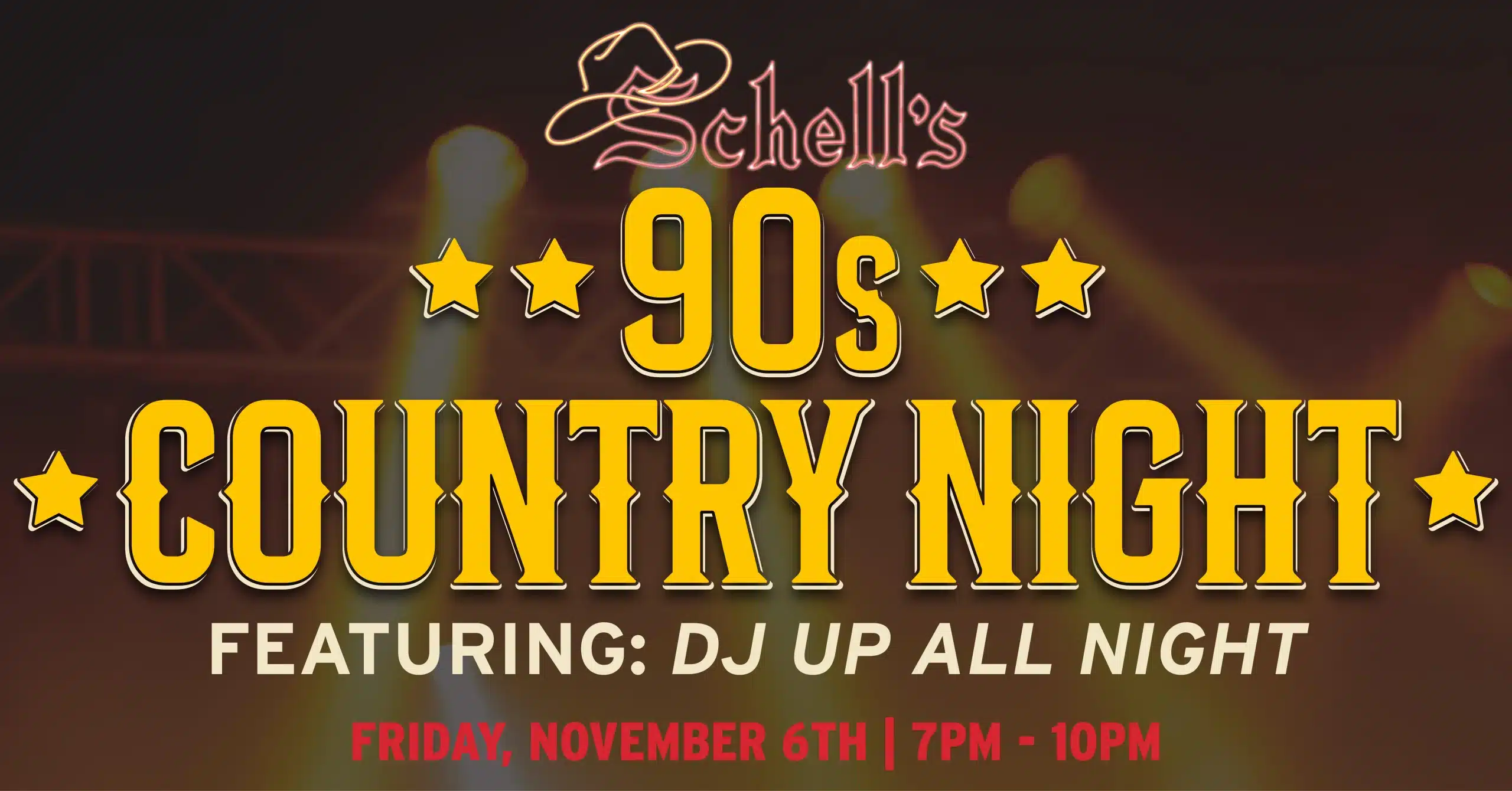"90s Country Night" with Schell's logo and cowboy hat neon light.