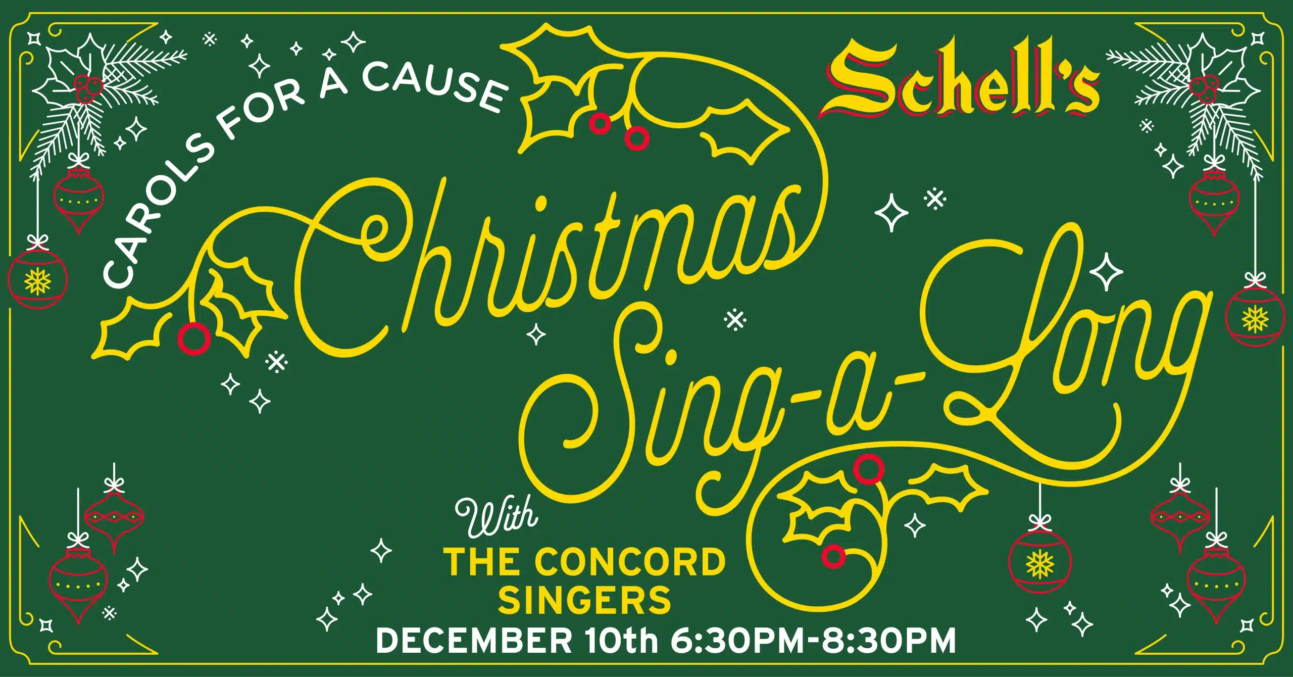 "Carols for a Cause Christmas Sing-a-Long with the Concord Singers" with ornament icons