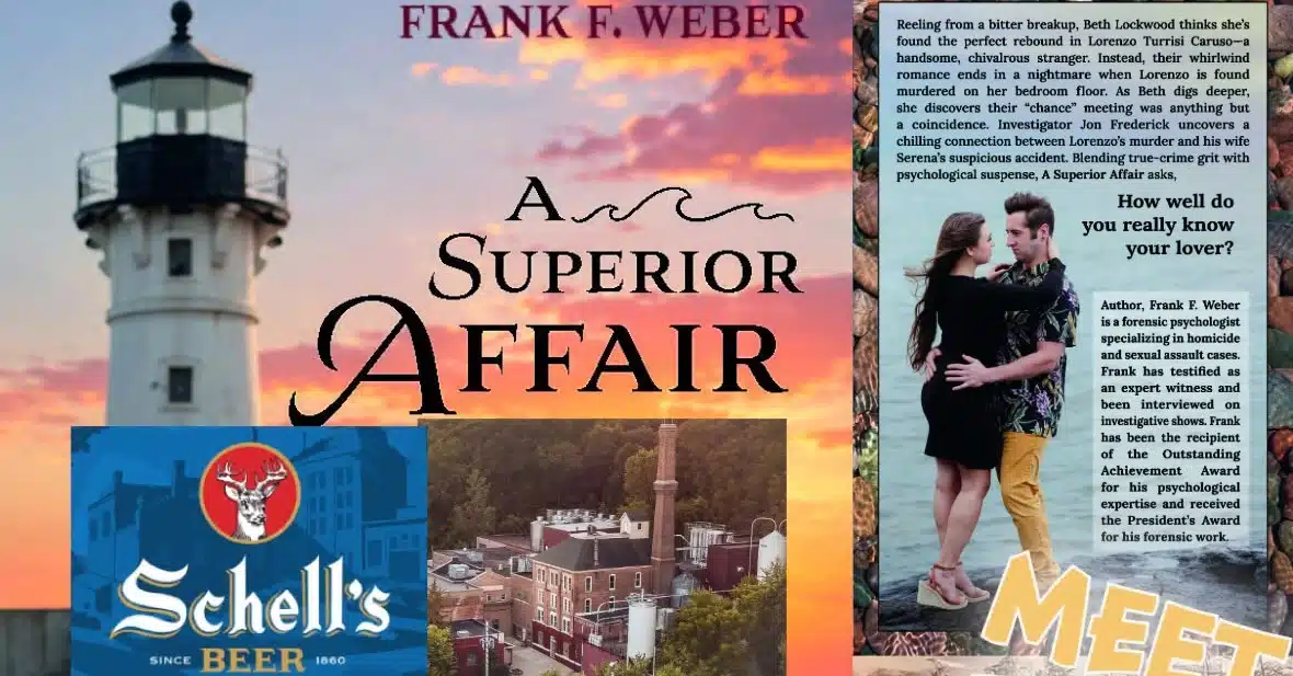"Frank F. Weber: A Superior Affair" with a lighthouse and a couple embracing next to a body of water