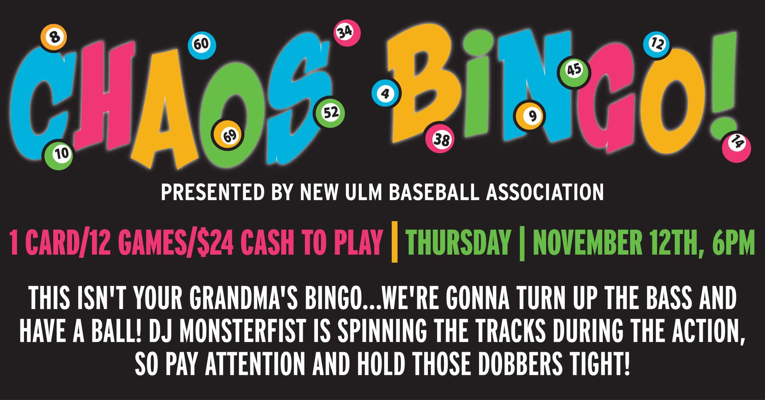 Bingo balls bouncing around with text: "CHAOS BINGO!"
